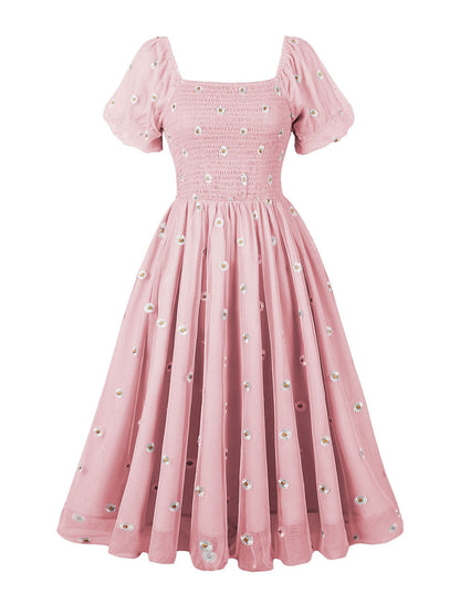 Blue Daisy Puff Sleeve Smocking 1950S Vintage Dress
