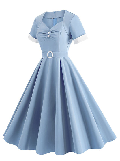 Yellow Sweet Heart 1950s Vintage Shirt Dress for Women Short Sleeve Audrey Hepburn Style Cocktail Swing Dress