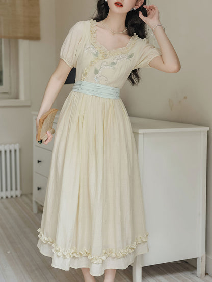 Apricot V Neck Floral Ruffles Princess Puff Sleeve Vintage Dress